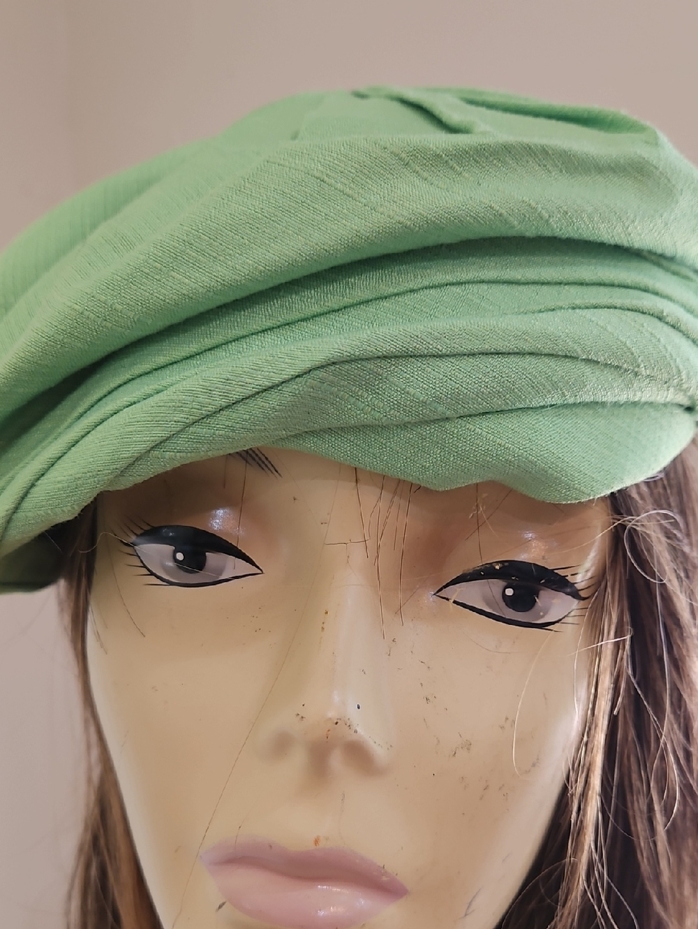LIME GREEN PLEATED TOP‎  BERET STYLE CLOTH HAT Made In USA - Picture 4 of 10